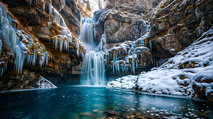 A frozen waterfall surrounded by snow covered rocks and icicles