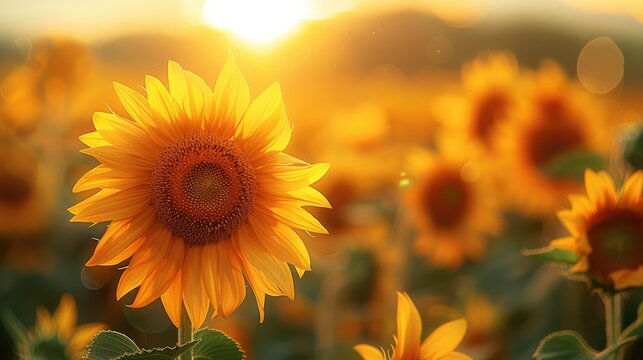 Sunflowers in the foreground, blurred sunflower fields in the background, sunlight and bokeh effects. Generative AI.