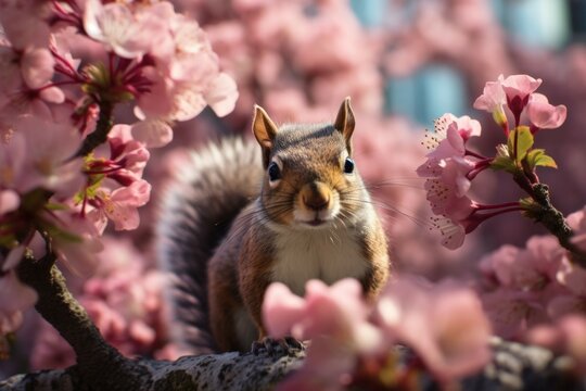 Curious squirrel in a cherry blossom tree
