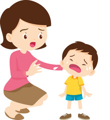 Comforting sad children with parent or teacher