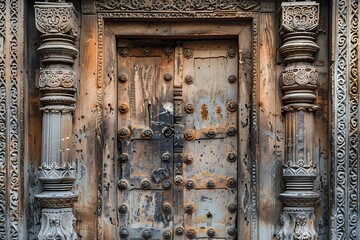 : A weathered, antique door with intricate carvings, detailed texture