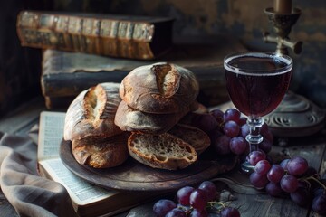 Celebration of Faith: Bread and Wine as Holy Symbols of Christianity and Communion with God - obrazy, fototapety, plakaty