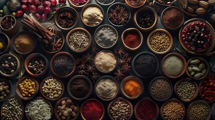 colorful mix of herb and spice varieties: curry, coriander, turmeric, cumin, paprika, pepper, mustard, salt, cardamon, oregano, saffron, cinnamon; food ingridients  - obrazy, fototapety, plakaty