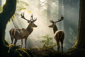 Majestic deer in a misty forest clearing