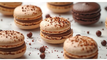 Close up view of coffee and chocolate macarons on white background