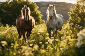 Elegant horses grazing in a sun-kissed meadow - obrazy, fototapety, plakaty