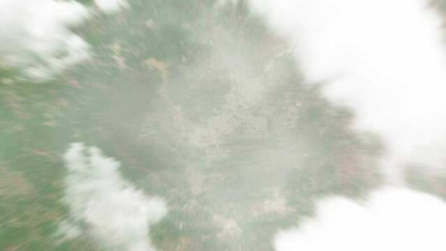 Earth zoom in from space to Ikare, Nigeria. Followed by zoom out through clouds and atmosphere into space. Satellite view. Travel intro. Images from NASA