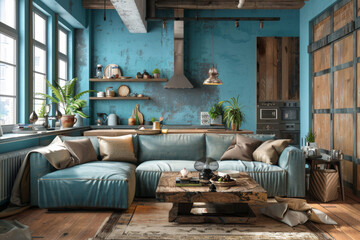 Modern Boho Sky Blue Rustic style loft interior and living room Dynamic Spaces. - obrazy, fototapety, plakaty