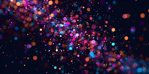 A dark background with colorful confetti falling from the top left corner, creates an abstract and dynamic visual effect. The particles have various colors including purple, blue, red, yellow, pink