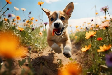 Playful puppy in wildflower field