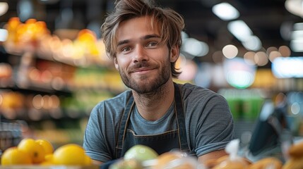 Portrait of male cashier at supermarket. Generative AI. - obrazy, fototapety, plakaty