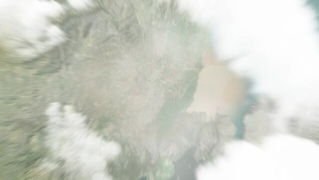 Earth zoom in from space to Arba Minch, Ethiopia. Followed by zoom out through clouds and atmosphere into space. Satellite view. Travel intro. Images from NASA