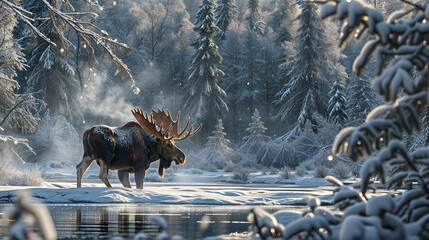 A moose stands in a snowy clearing near a small body of water