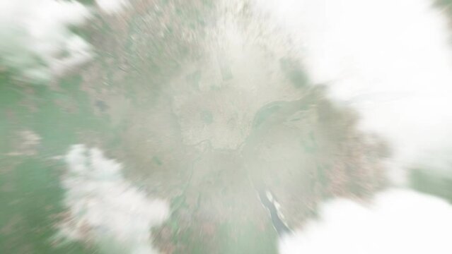 Earth zoom in from space to Bimbo, Central African Republic. Followed by zoom out through clouds and atmosphere into space. Satellite view. Travel intro. Images from NASA
