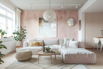 Fototapeta na wymiar Modern French blush Pink Scandinavian style house interior Flexible Furniture.