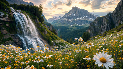 A mountain range a waterfall and a field of flowers