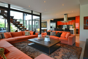 Modern French Coral Contemporary style house interior and living room Vintage Accents.