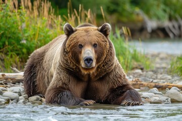 Fototapeta premium North Summer Adventure with Adorable Grizzly Bear. Active Adult Bear