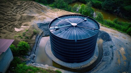 Overhead Water Storage Tank for Residential Water Needs. A View of Water Conservation System and Collection Container