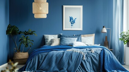 Poster in Blue Bedroom Interior with Wooden Wall and Knit-Up Blanket on Bed