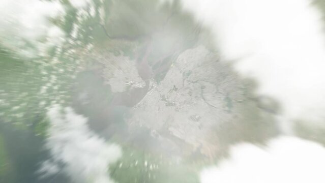 Earth zoom in from space to Douala, Cameroon. Followed by zoom out through clouds and atmosphere into space. Satellite view. Travel intro. Images from NASA