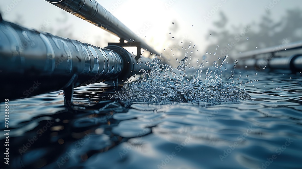 Poster metallic parallel pipes are throwing water in low pressure. generative ai.