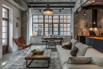 Modern French White Industrial style apartment interior and living room Biophilic Design.