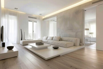 Fototapeta na wymiar Modern French White Minimalist style apartment interior and living room Sustainable Design.