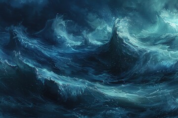 Turbulent Wrath of Nature: Surreal Hurricane Storm with Terrifying Waves and Armageddon Climate Disaster - Digital Painting of Seascape and Blue Ocean
