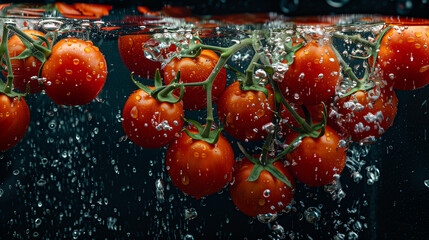 A bunch of ripe tomatoes, with water droplets, falling into a dark black water tank, creating a colorful contrast and intricate splash patterns, 30 cm. In underwater photography, natural sunlight - obrazy, fototapety, plakaty