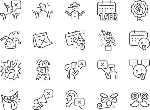 April Fools' Day icon set. It includes fools, clowns, pranks, lies, jokes, and more icons. Editable Vector Stroke.
