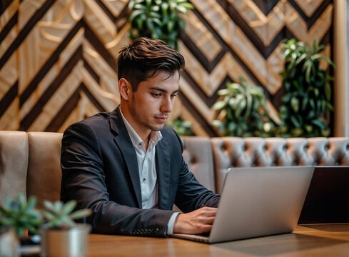 Entrepreneur business man working on laptop in a modern cafe shop, remote worker / digital nomad	
