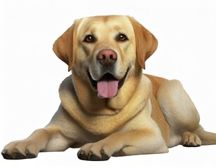 Yellow Labrador dog lying down, isolated against a white background
