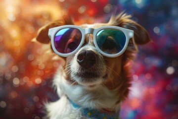 A cute funny dog floating in the space with white glasses, Generative AI