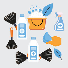 Cleaning service vector illustration. Hygiene products for domestic households. Sanitary chemical products for laundry, floor, kitchen and toilet.