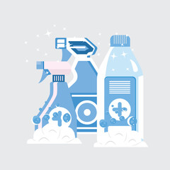 Cleaning spray bottles flat design with soap bubbles and foam.