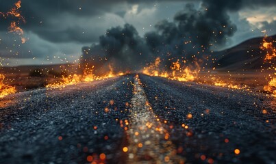 An asphalt road in the middle of nowhere with fire flame and spark effects, Generative AI - obrazy, fototapety, plakaty