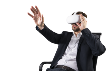 Man in a suit sitting on an office chair, using virtual reality headset, isolated on a white background, illustrating technology concept