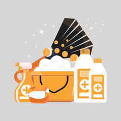 Cleaning tools flat design vector. Household cleaning products.