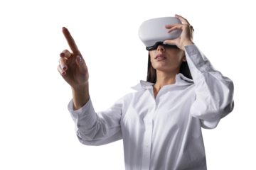 A woman in a white shirt using virtual reality headset against an isolated white background