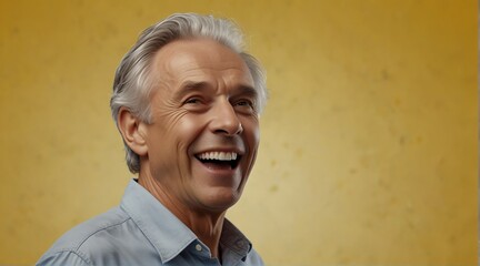 young british elderly man on plain bright yellow background laughing hysterically looking at camera background banner template ad marketing concept from Generative AI