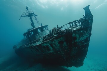 : An abandoned, antique shipwreck, slowly sinking into the calm, blue ocean, with sea life reclaiming the metal structure
