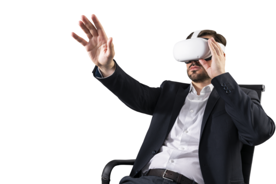 Man in a suit sitting on an office chair, using virtual reality headset, isolated on a white background, illustrating technology concept