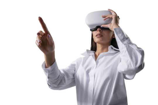 A woman in a white shirt using virtual reality headset against an isolated white background