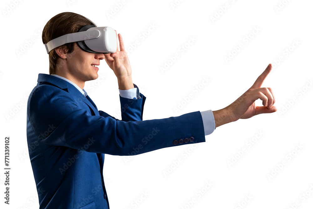 Poster a man in a blue suit using virtual reality headset, interacting with virtual interface, against a wh