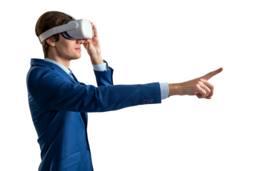 A businessman in a blue suit using virtual reality headset, pointing forward, isolated on a white background, representing technology and innovation