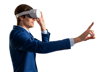A man in a blue suit using virtual reality headset, interacting with virtual interface, against a white background