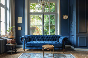 Modern French Navy Blue Vintage style house interior and living room Color Therapy.