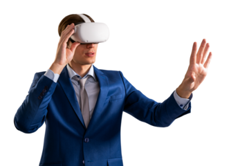 A man in a blue suit using virtual reality headset, gesturing with his hand, isolated on a white background, concept of technology and innovation