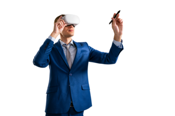 A man in a blue suit using a virtual reality headset and holding a stylus, on an isolated white background, depicting technology interaction